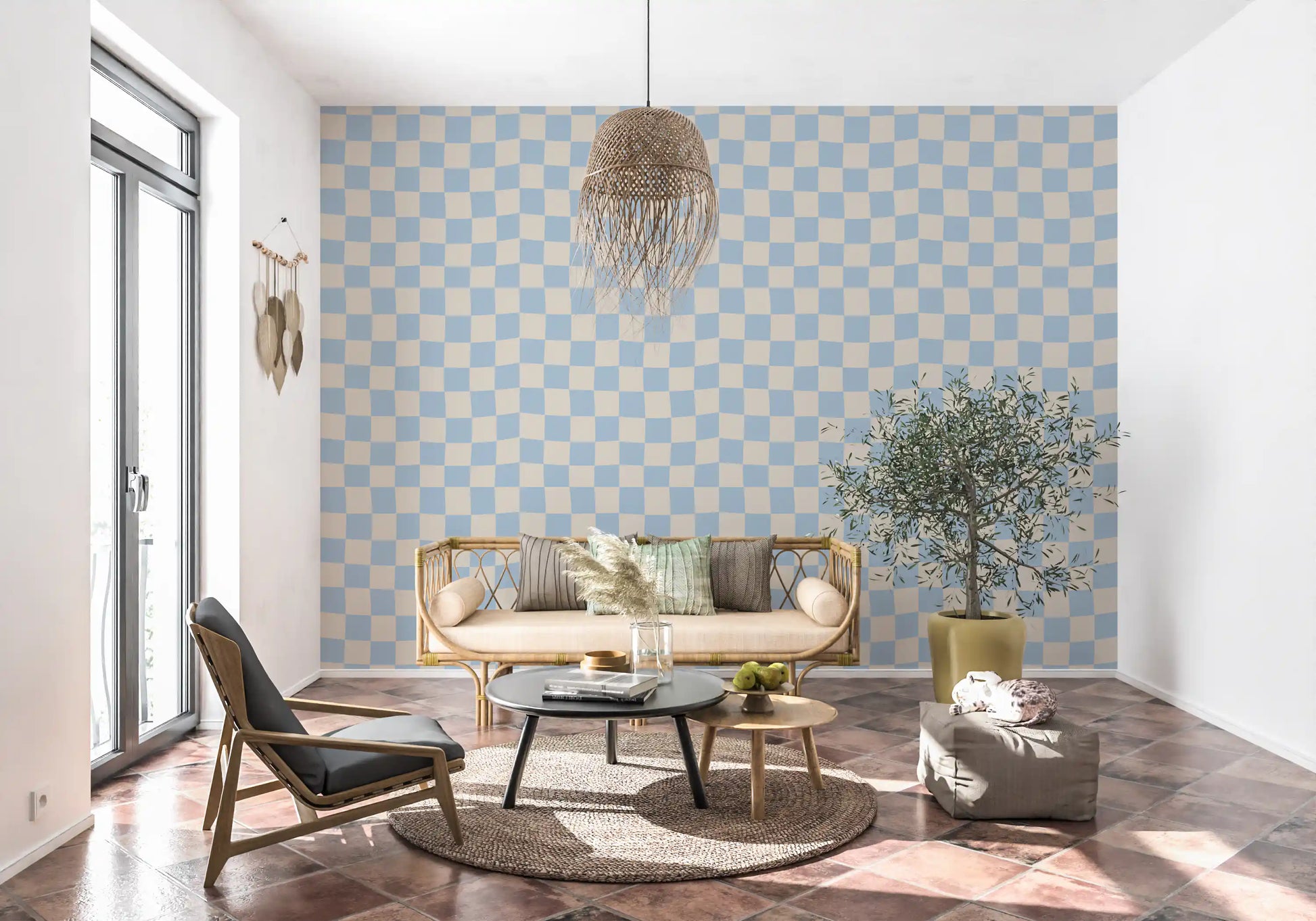 Modern wavy lines create rhythm throughout the Azure & Beige Check Wave wallpaper.