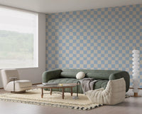 Visualize the expansive scale of the Azure & Beige Check Wave wallpaper design.