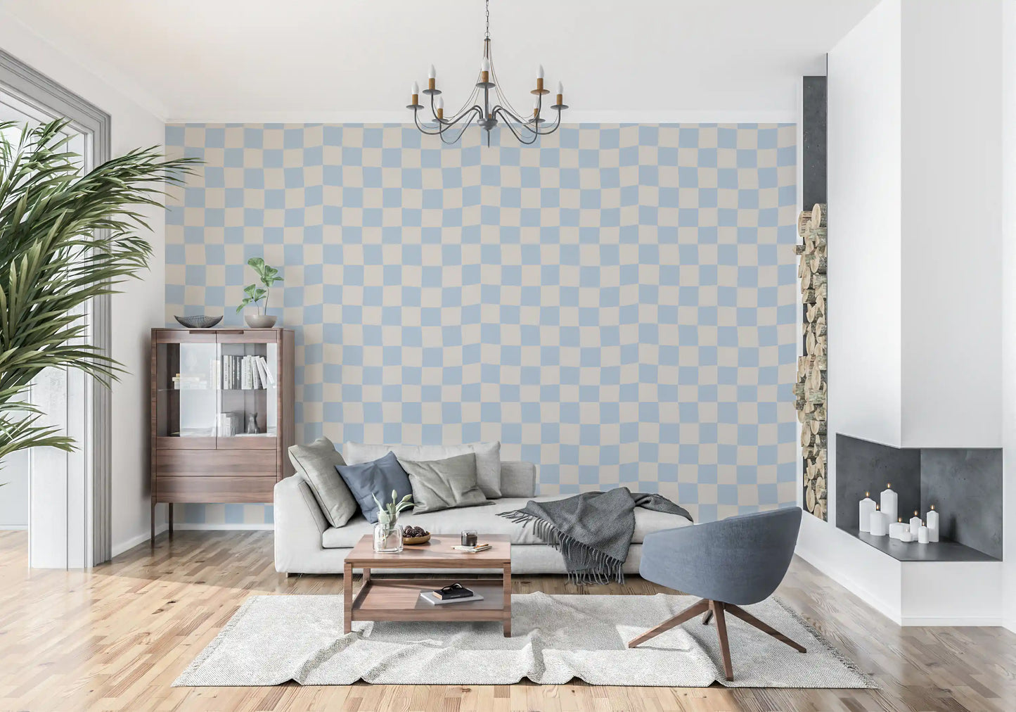 Lounge space displaying the Azure Check Wave wallpaper.