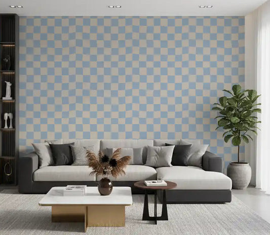 Living room featuring an Azure and Beige Check Wave wallpaper.