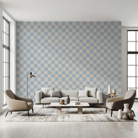 Living room finished with a clean Azure Beige Check wallpaper.