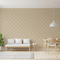 Cafe latte and beige wavy checker wallpaper warms the rear stretch of this Dining room.