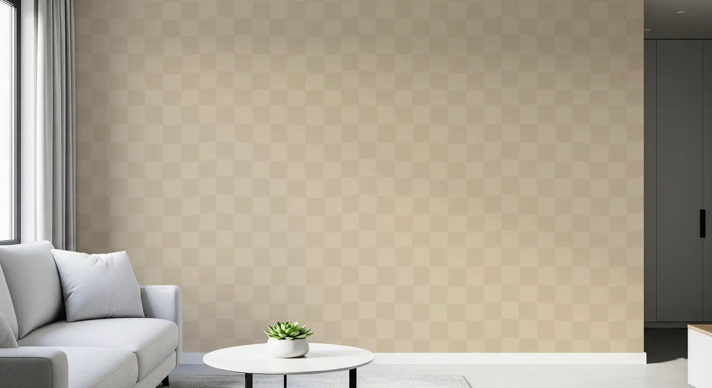 Creamy cafe latte tones drift through the Hallway in a wavy checker wallpaper rhythm.