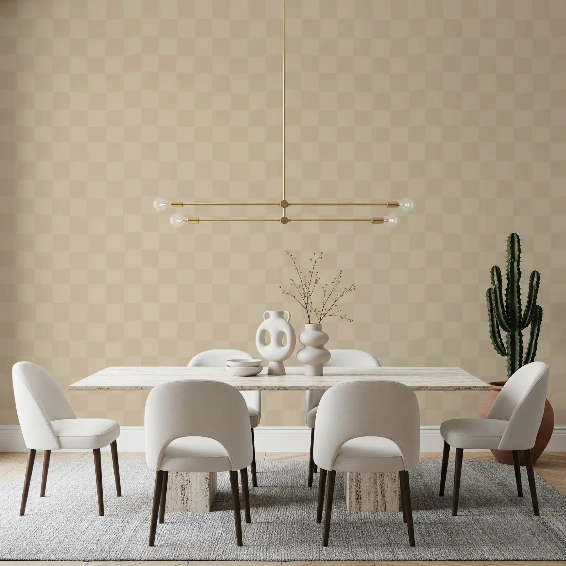 This Dining room holds the cafe latte checker wallpaper from end to end with quiet ease.
