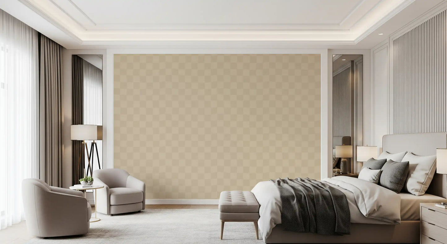 Used here in a Bedroom, the wavy beige checks wallpaper plays a supporting role.