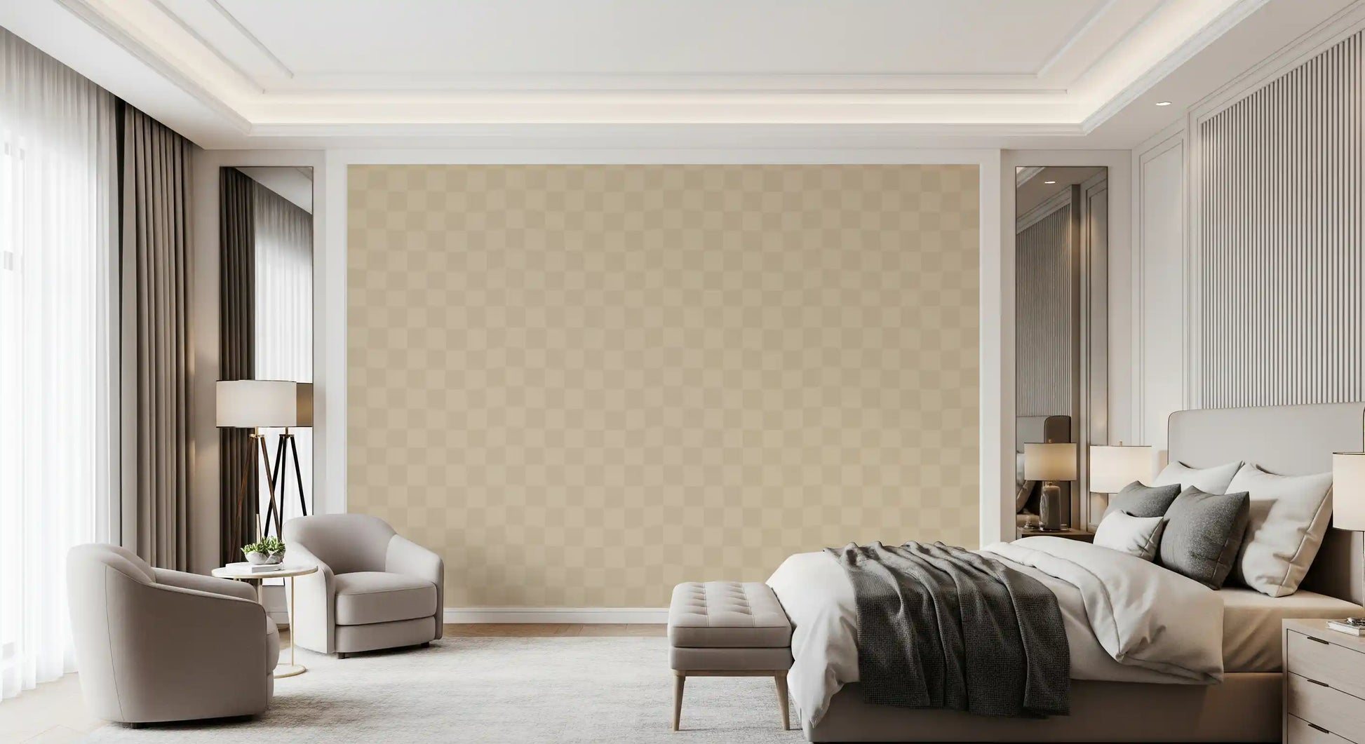 Used here in a Bedroom, the wavy beige checks wallpaper plays a supporting role.