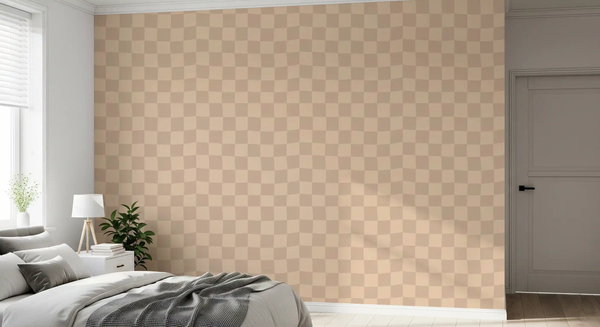 Two-tone cream and tan squares alternate over the Muted Wavy Check wallpaper field.