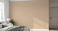 Two-tone cream and tan squares alternate over the Muted Wavy Check wallpaper field.