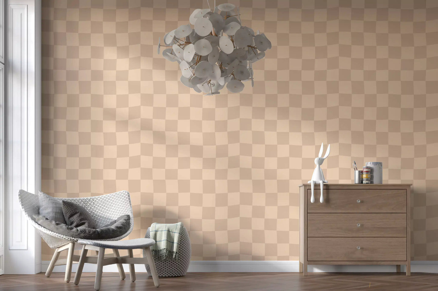 Tilts and bends mark out the boxes within the Muted Wavy Check wallpaper sheet.
