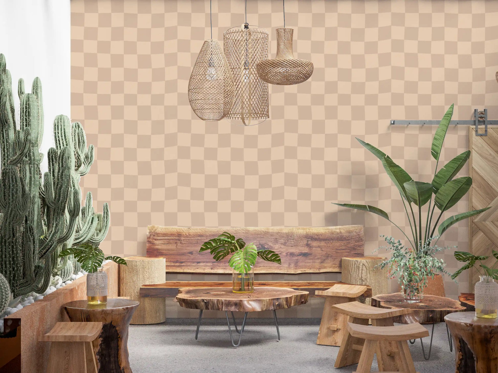 Off-kilter shapes wobble inside the dining room in muted wallpaper shades.