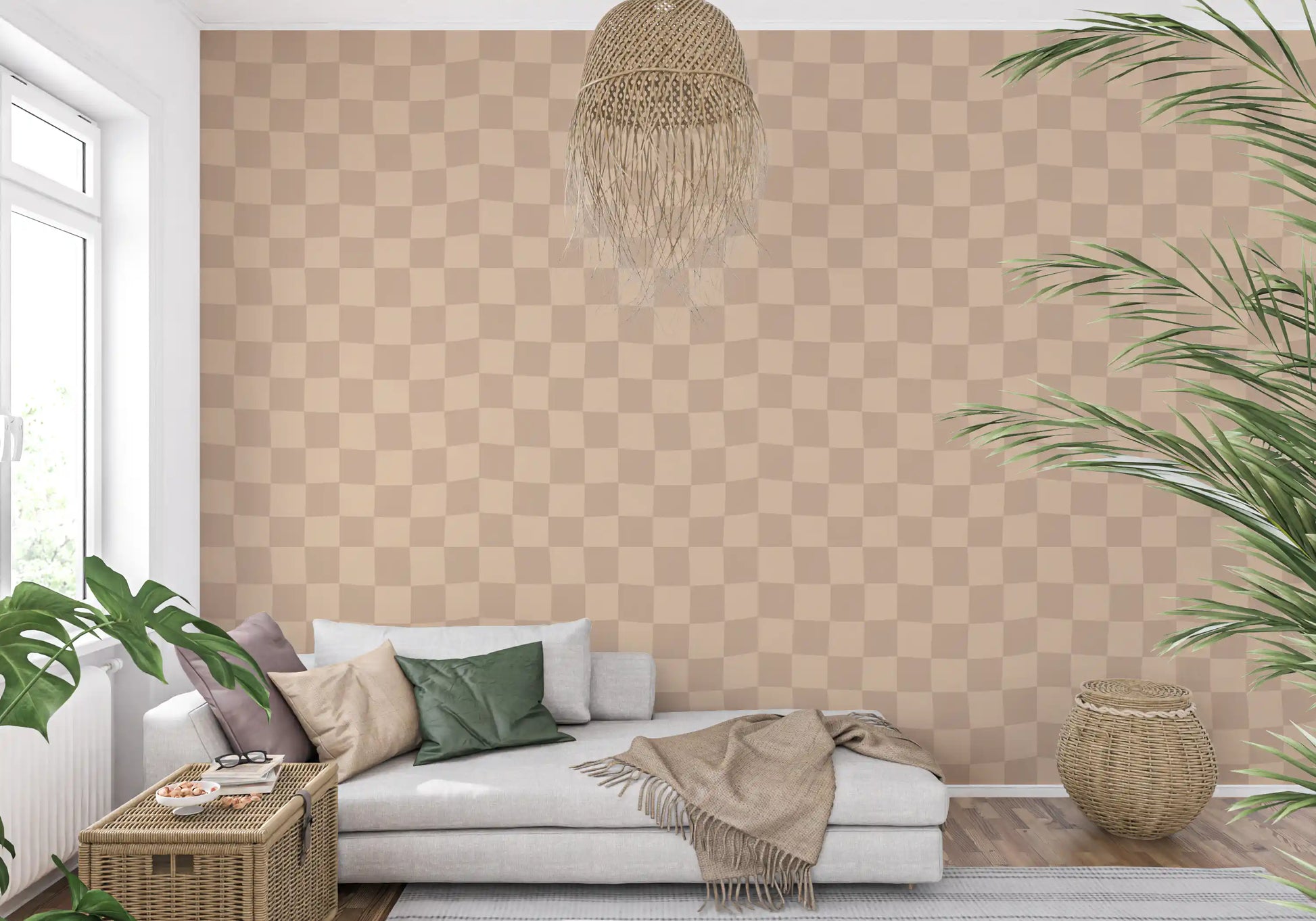 Tan boxes ripple along the Living room under a freehand Muted Wavy Check wallpaper layout.