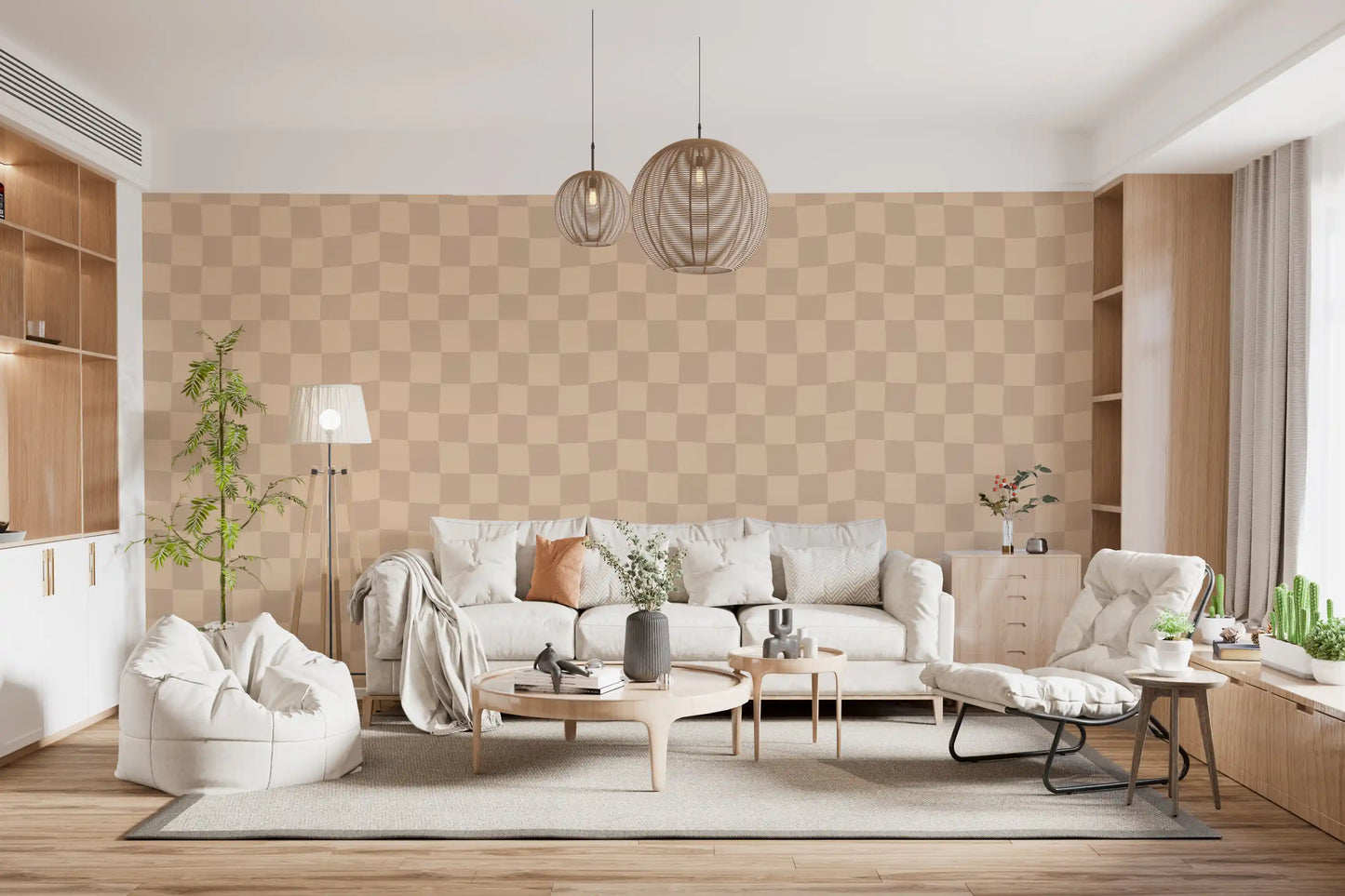 Pale beige and cream hues meet inside every square of this Muted Wavy Check wallpaper.