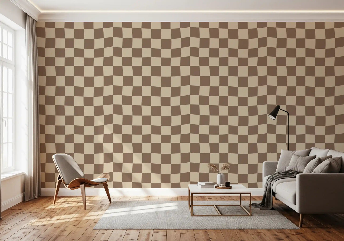 Taupe squares dance in a slight warp across this Wavy Beige Check wallpaper sheet.
