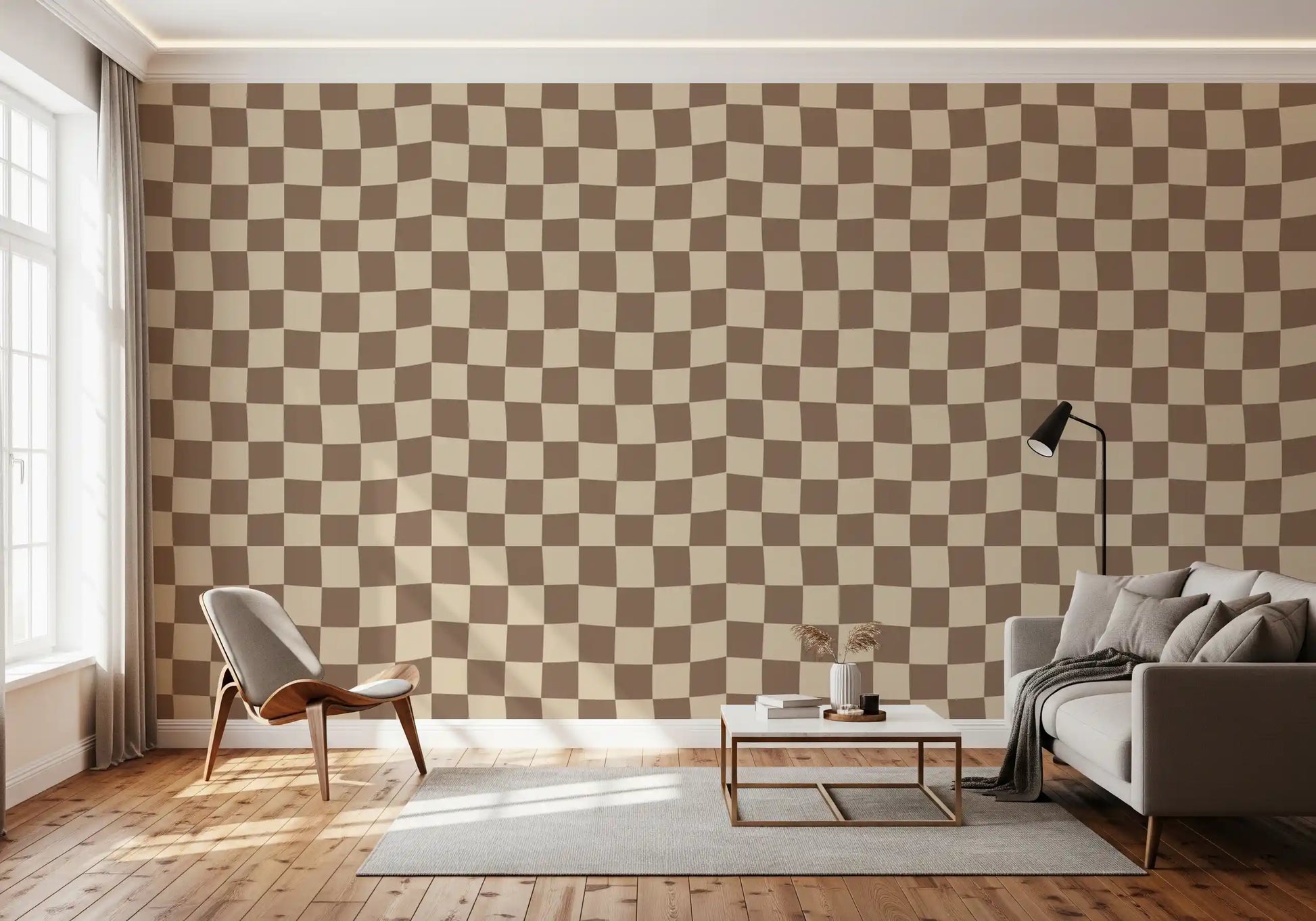Taupe squares dance in a slight warp across this Wavy Beige Check wallpaper sheet.
