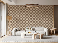 Mellow brown checker rhythm reaches the lounge as Wavy Beige Check wallpaper opens up.
