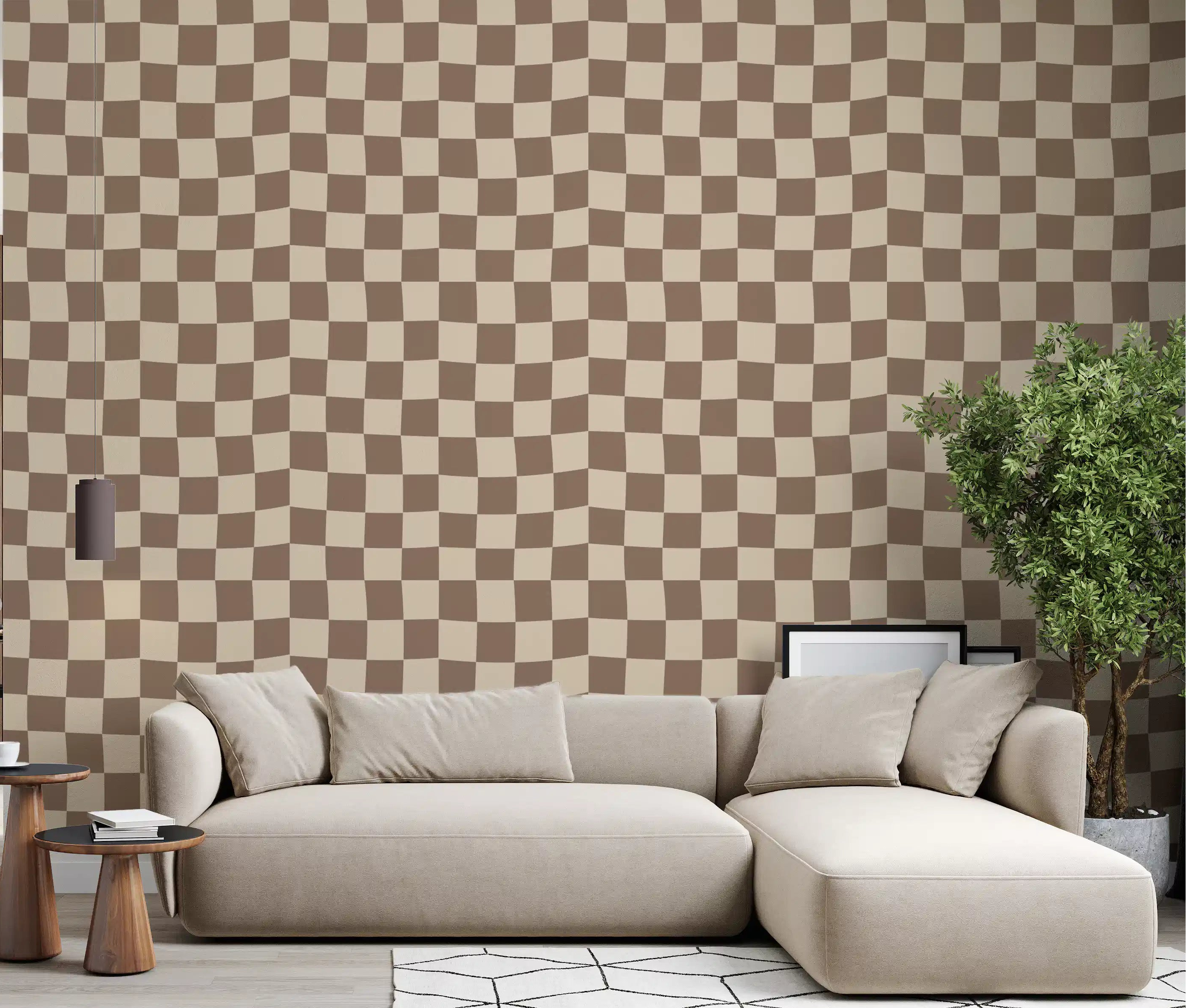 Checker Pattern Wallpaper Wavy Beige Brown Squares