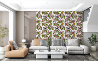 Birds and Blossoms wallpaper warms the living room with garden petals and perched birds.