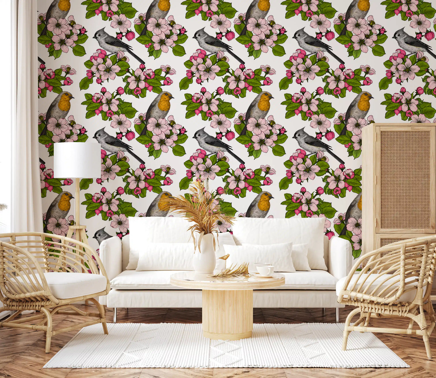 Botanical motifs give a Living room quiet garden feel via Birds and Blossoms wallpaper.
