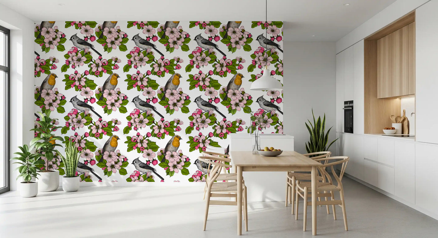 Robin and titmouse rest by pink apple blooms in Birds and Blossoms wallpaper.
