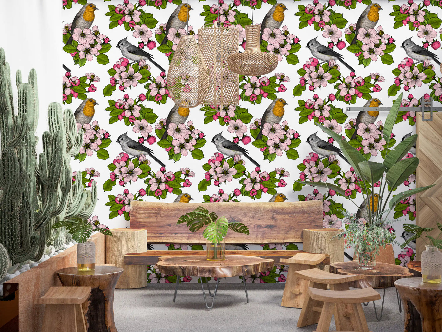 Greeting visitors at the Dinng room, Birds and Blossoms wallpaper opens with pink blooms.