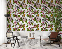 Floral scene with two birds runs along a hallway via Birds and Blossoms wallpaper.