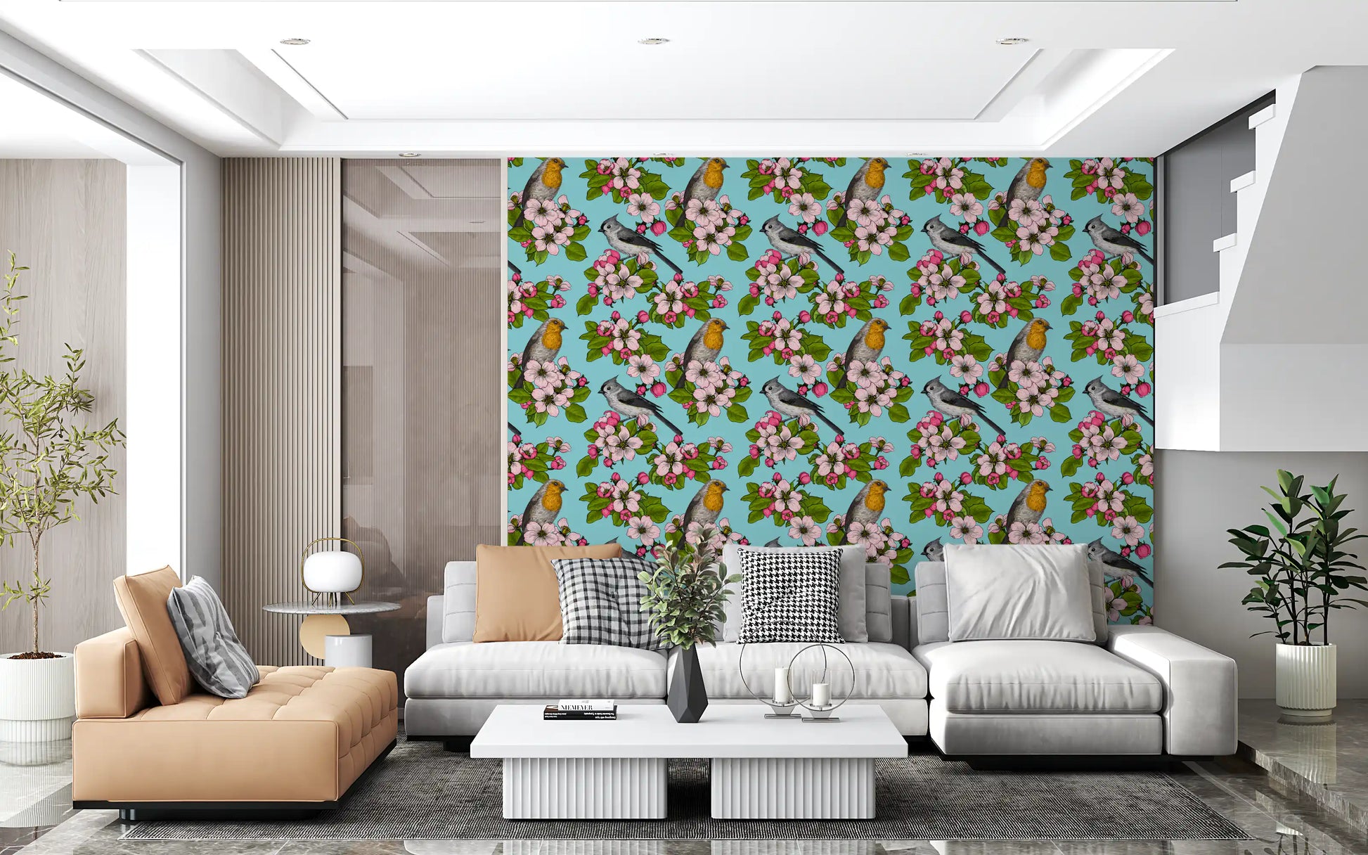 Five-lobed pink petals fan across this floral birds wallpaper