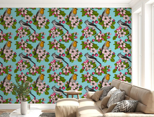 Birds and Blossoms wallpaper opens a living room with turquoise floral repeat
