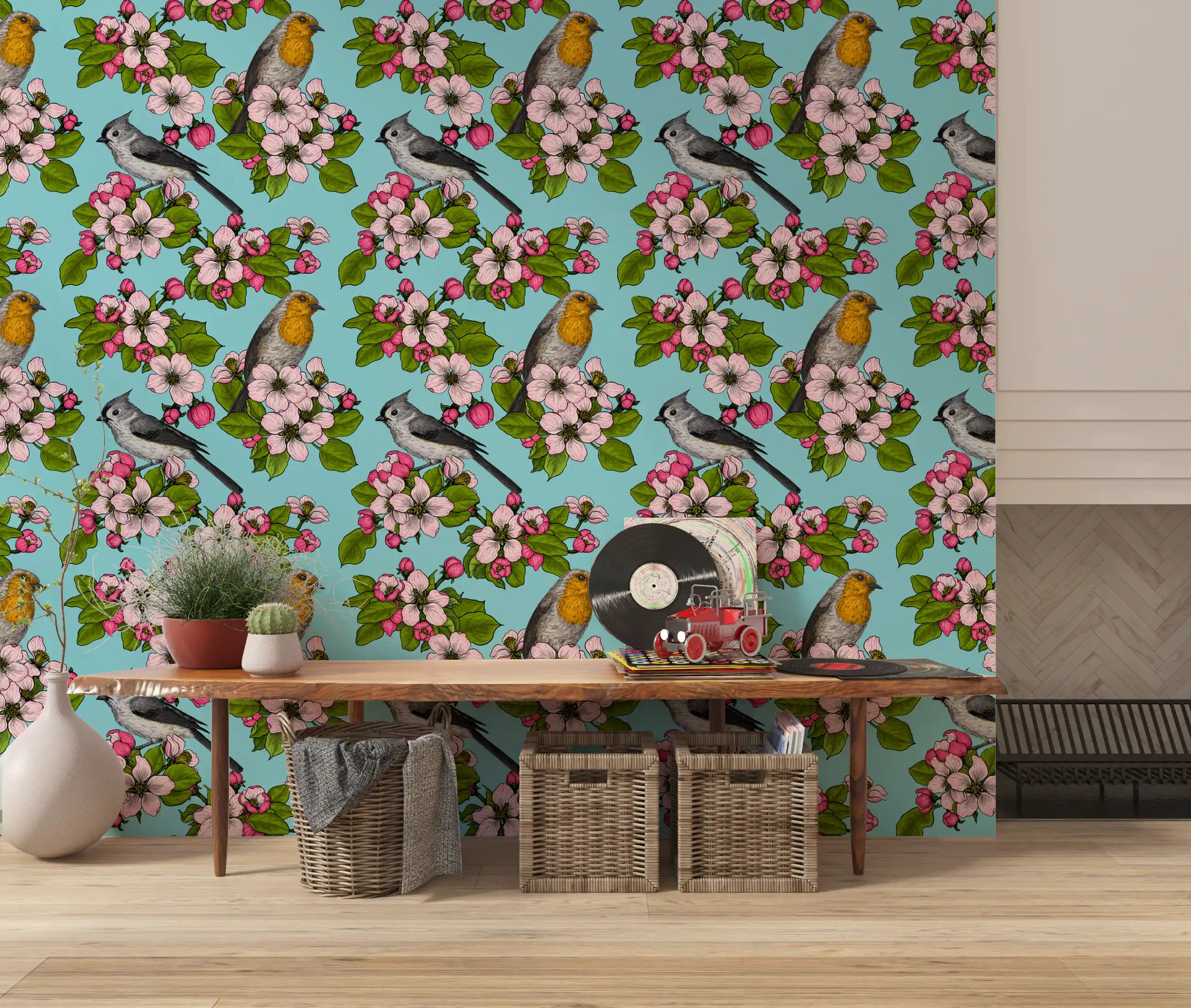 Robin and titmouse wallpaper gives a Hallway a botanical lift