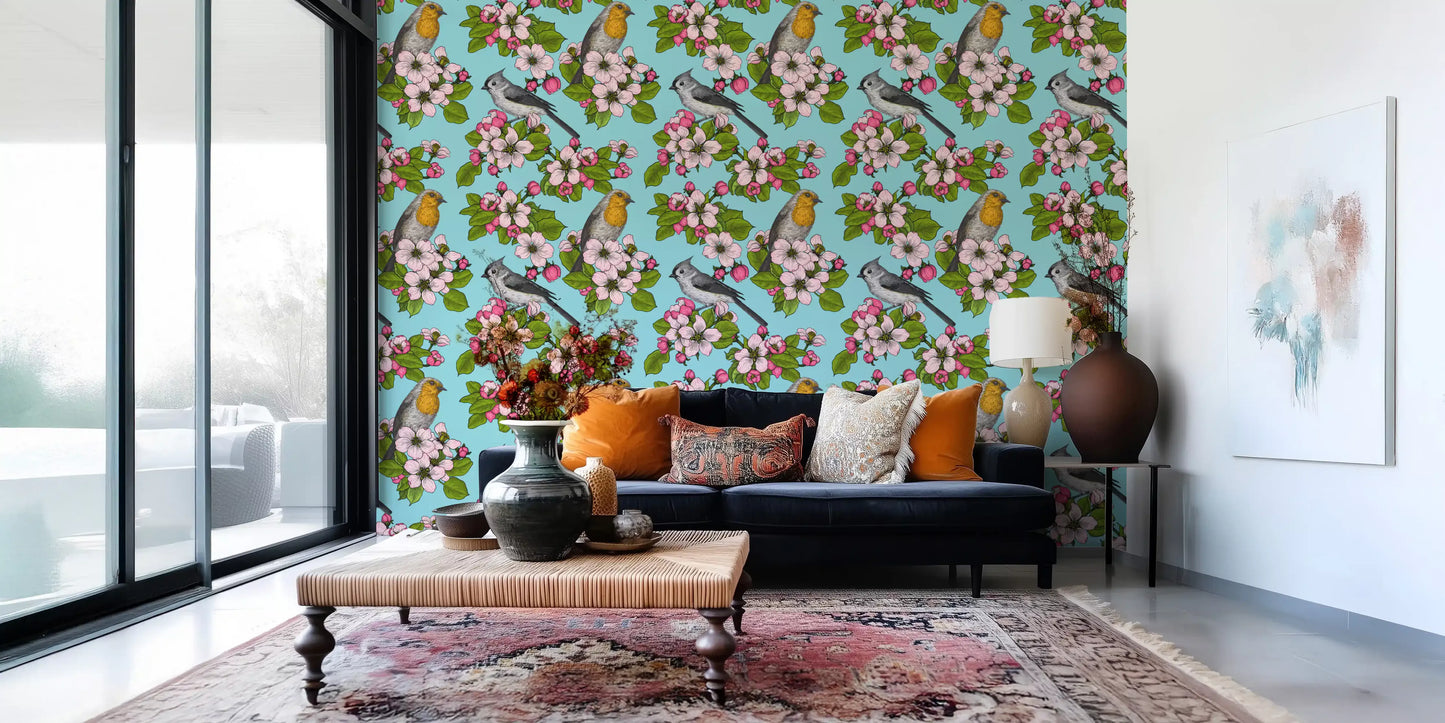 Cool turquoise birds wallpaper meets the Living room with floral sprays