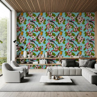 Lounge area shifts to florals with this perched-bird wallpaper
