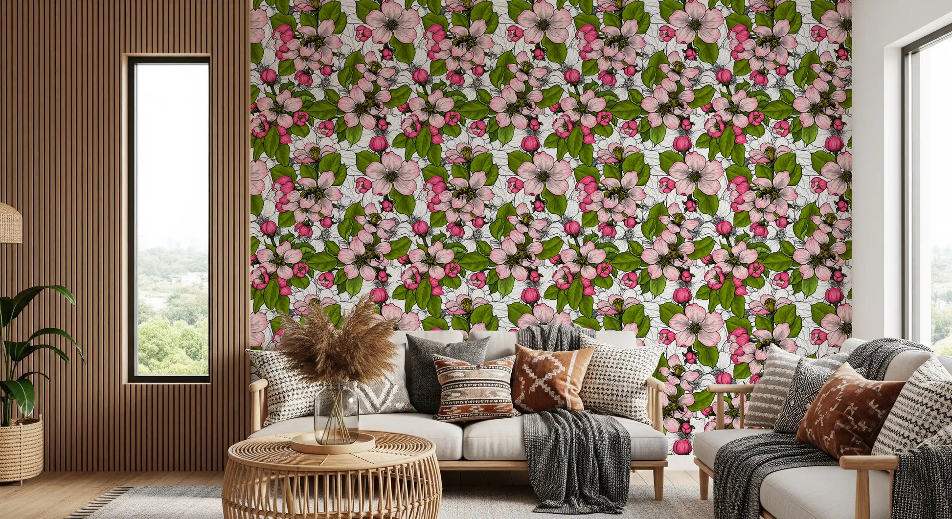 Vibrant spring flowers scatter across the illustrative white wallpaper pattern.