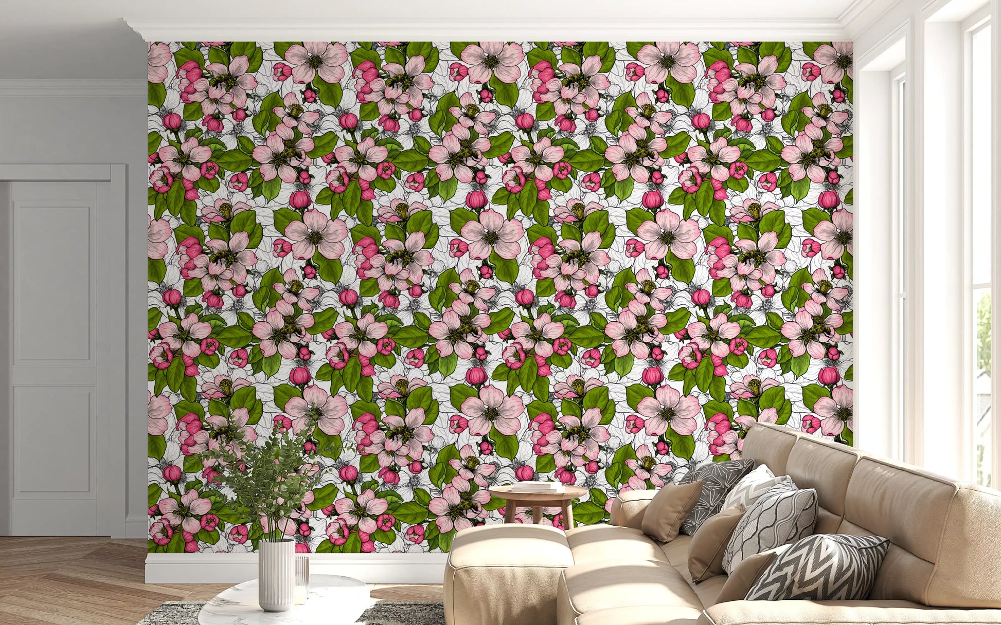 Pink floral patterns detail the white wallpaper throughout the Living room.