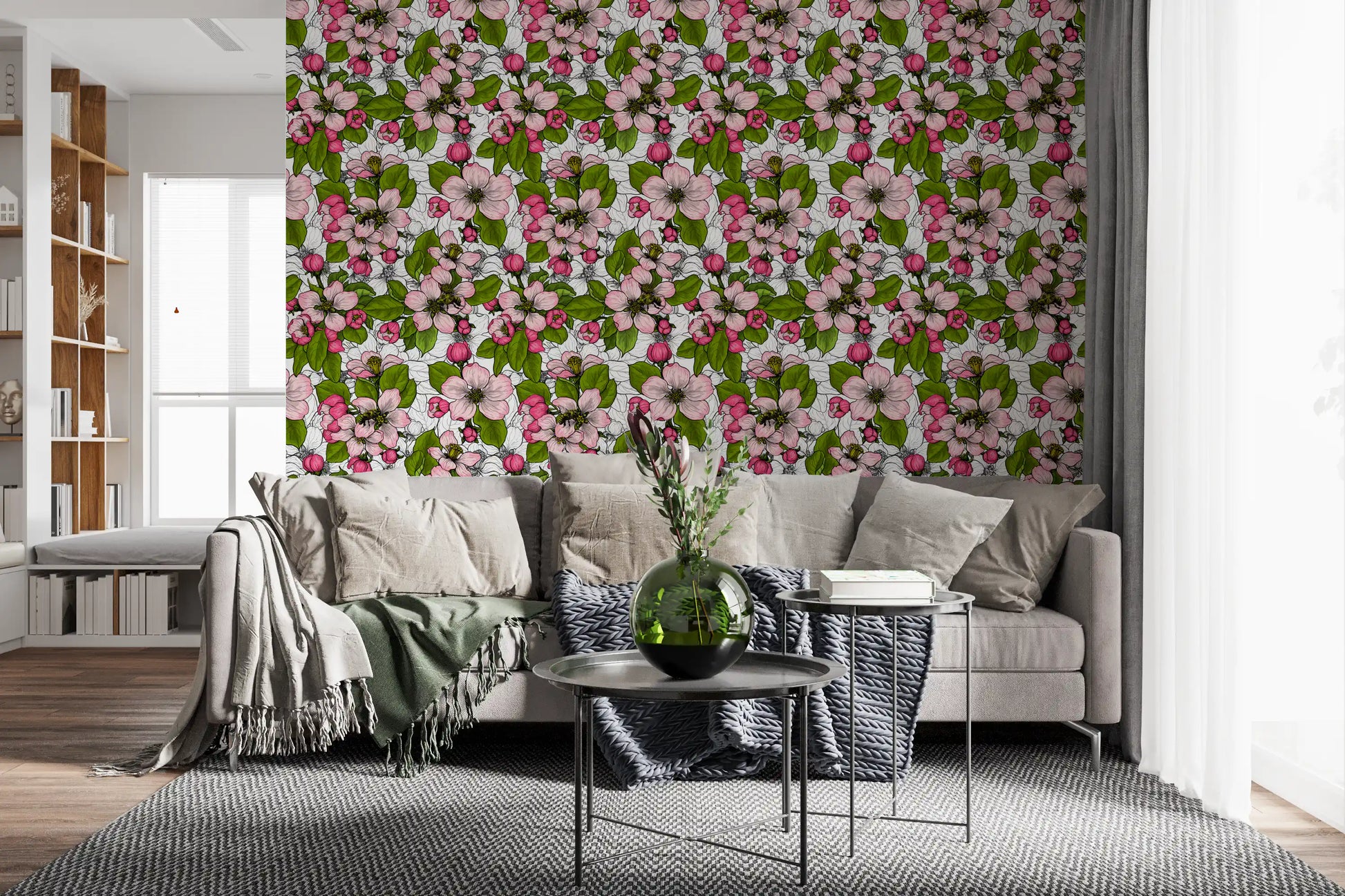 The Apple blossom on white Wallpaper features intricate bees navigating the floral canopy.