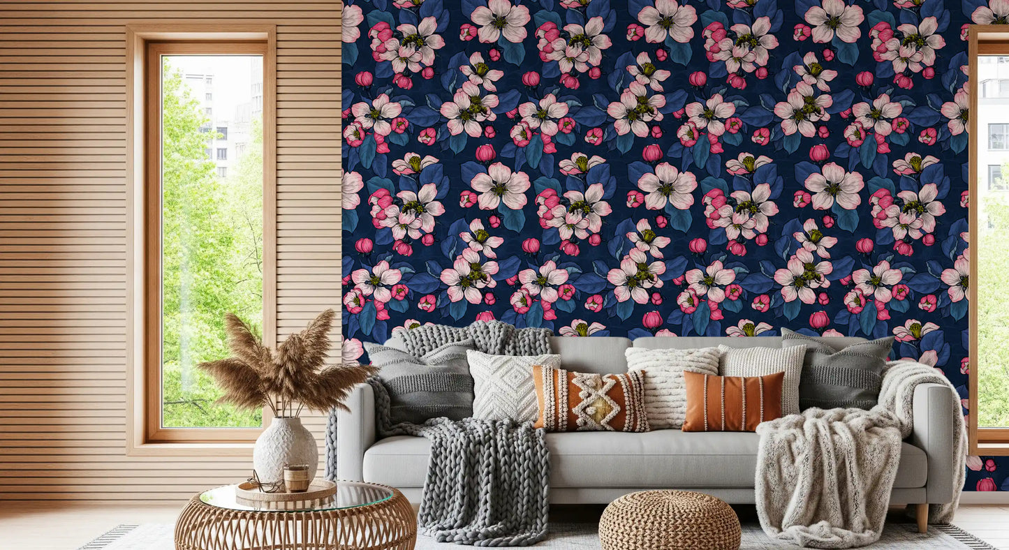 Yellow bees gather pollen atop pink petals within the vivid blossom wallpaper pattern.