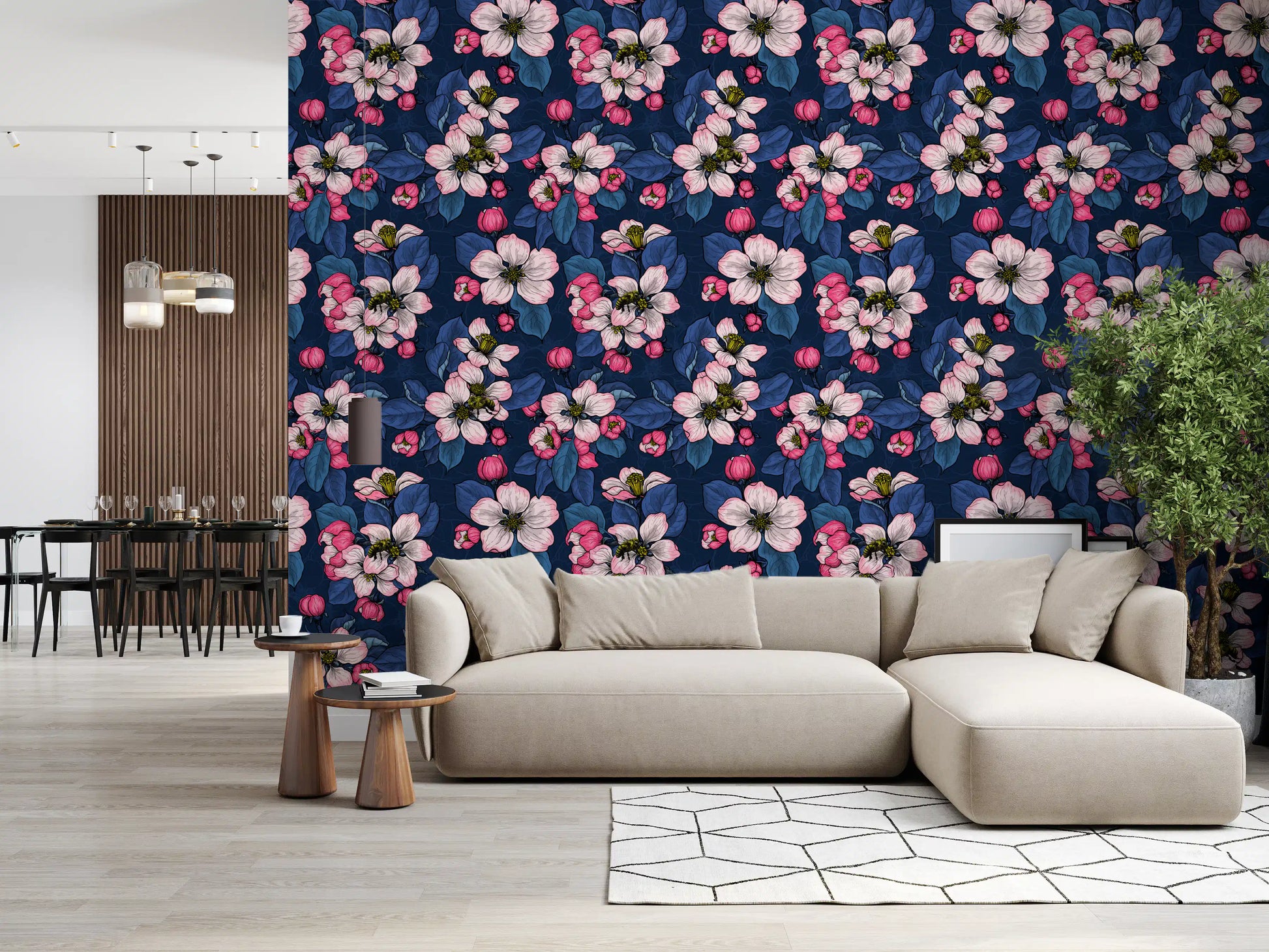 Living room interiors feature the rich Apple blossom on dark blue wallpaper beautifully.