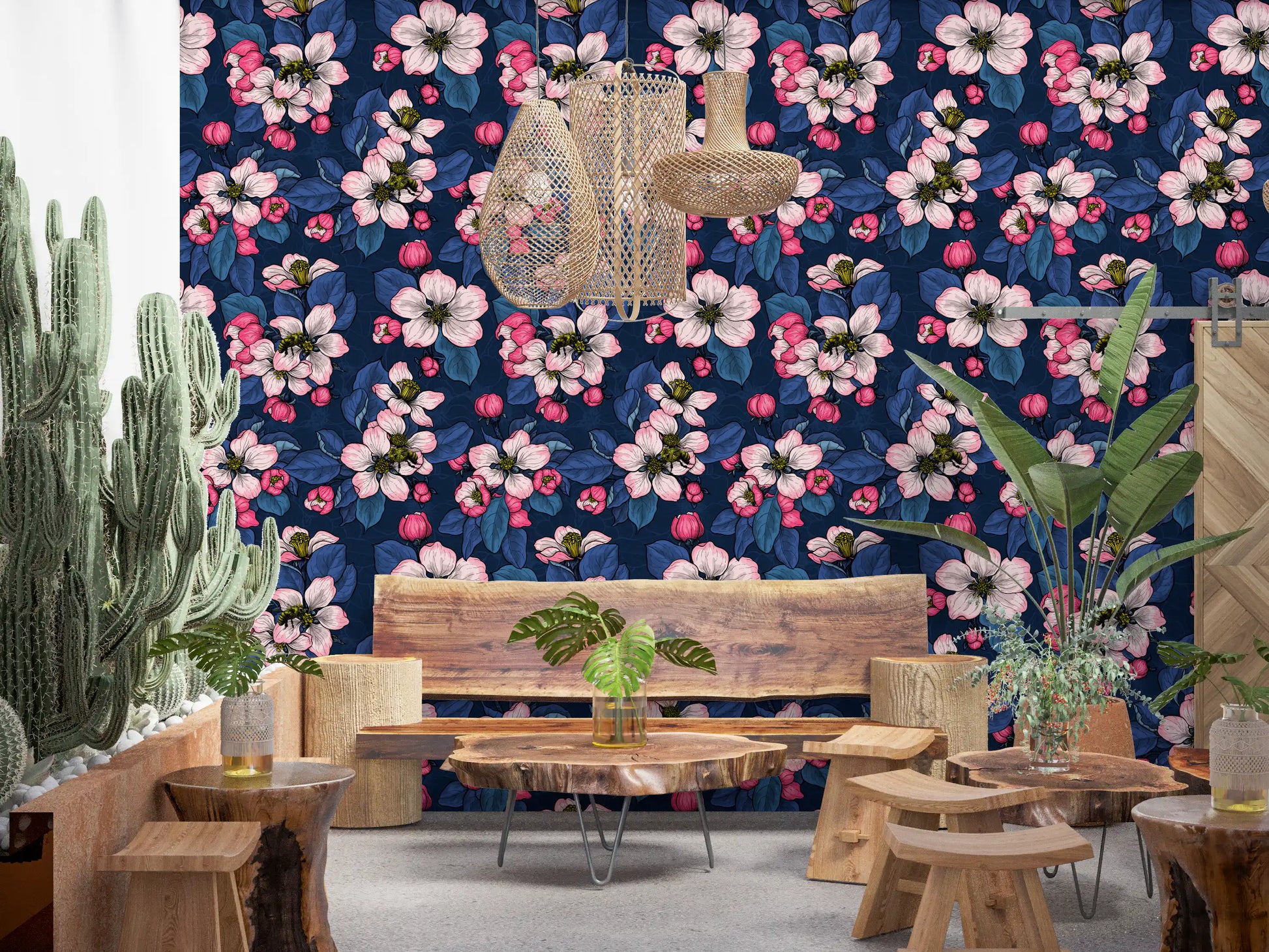Navy backdrops contrast against light flora on this detailed apple wallpaper.