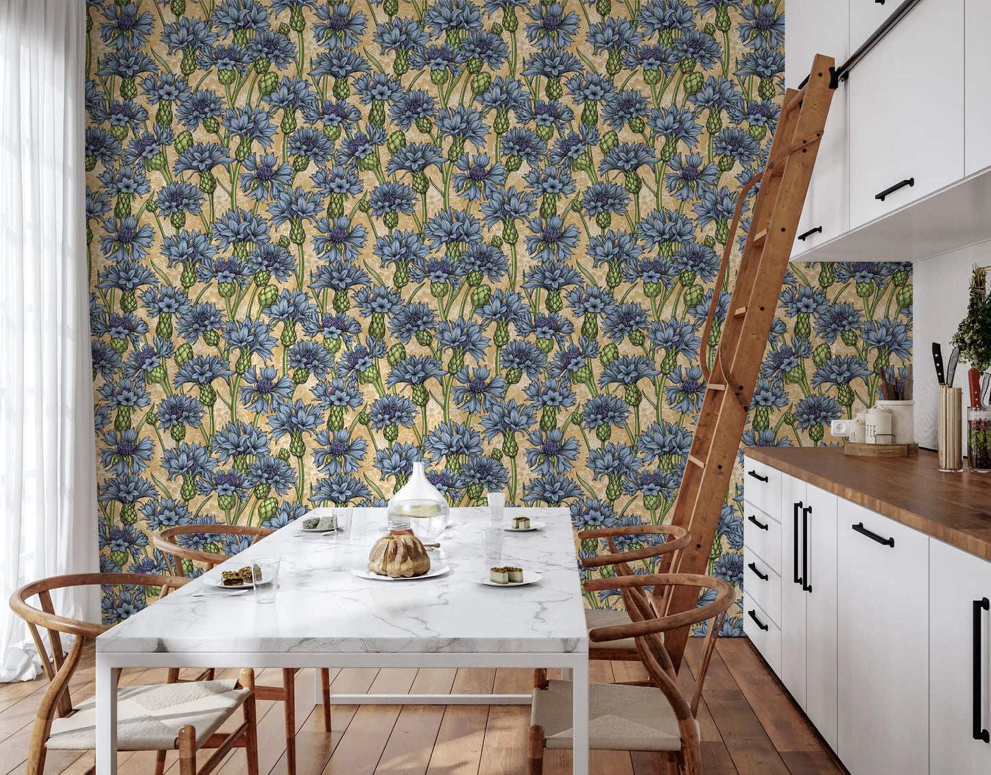 Blue cornflowers decorate our custom wallpaper inside this bright kitchen dining area.