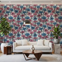 Living rooms feel fresh with the pink and blue cornflowers on white wallpaper.