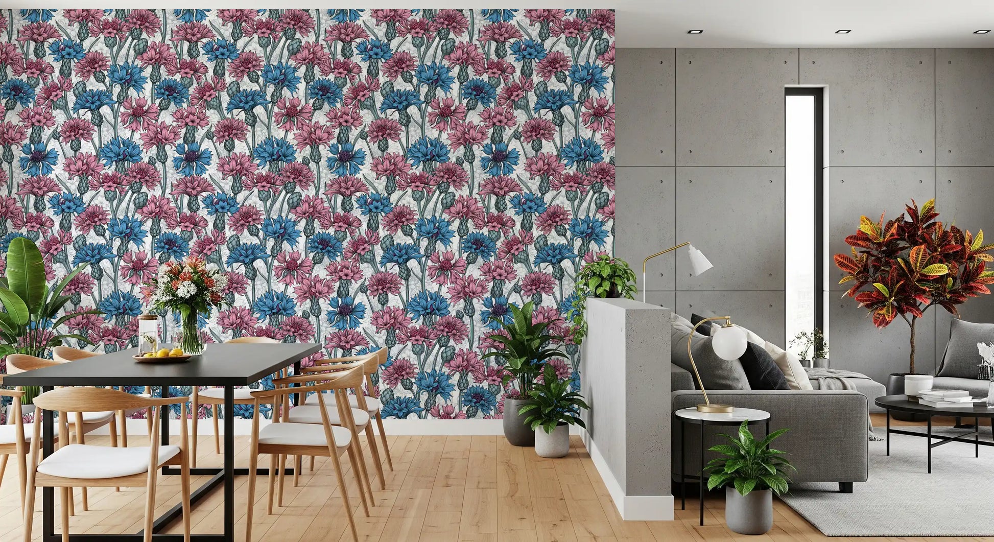 Blue petals feature heavy dark outlines across the fresh wallpaper surface.