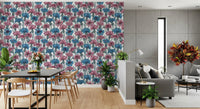 Blue petals feature heavy dark outlines across the fresh wallpaper surface.