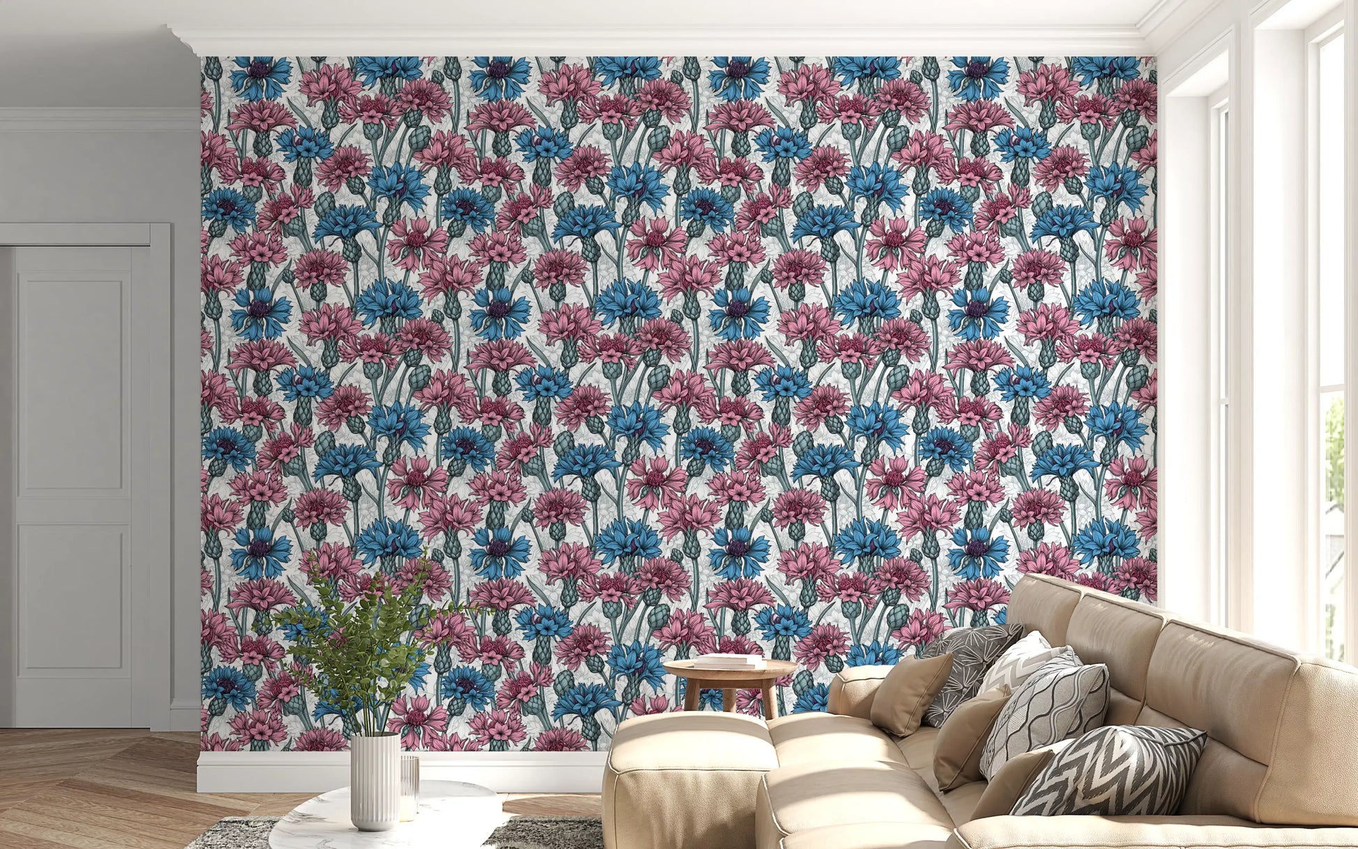 Cornflowers dominate the elegant wallpaper applied inside a quiet Living room