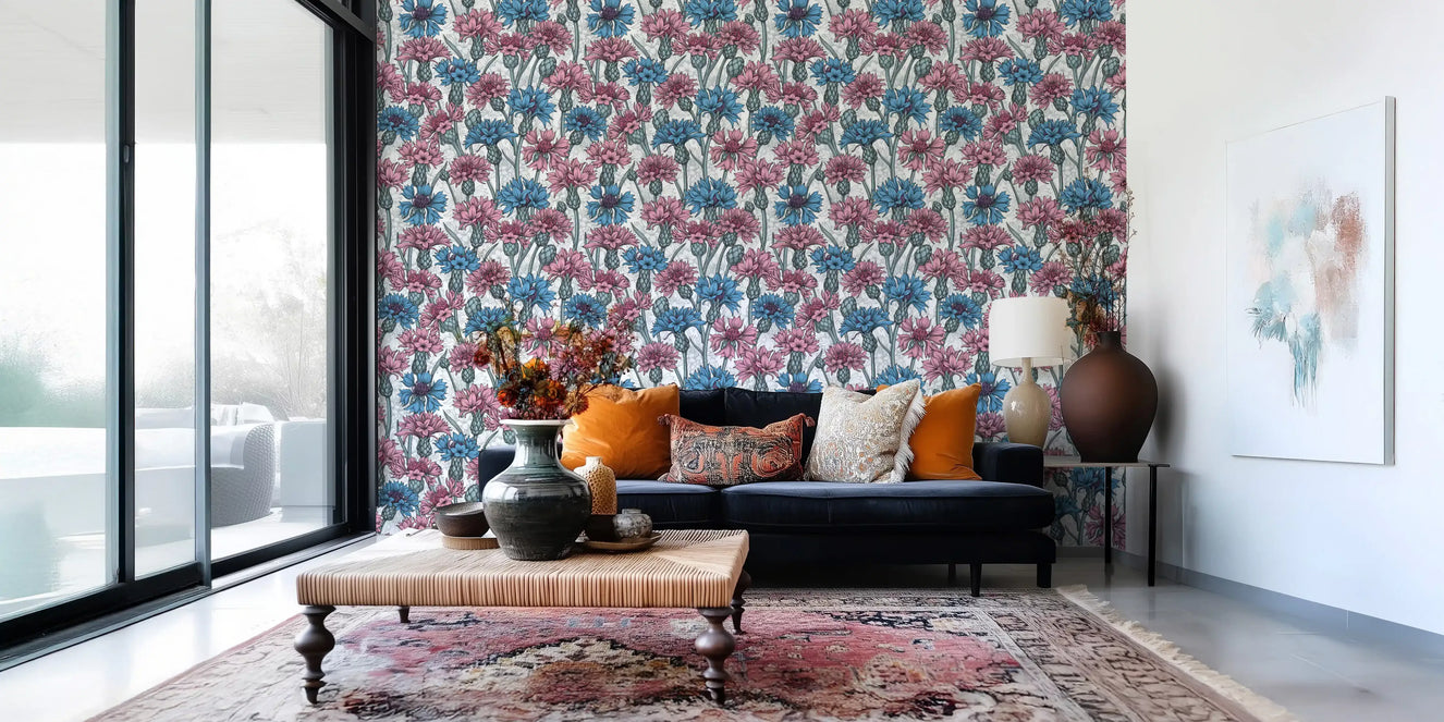 Pink and blue cornflowers on white Wallpaper⁠