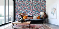 Pink floral wallpaper provides a peaceful backdrop for the main Living room.