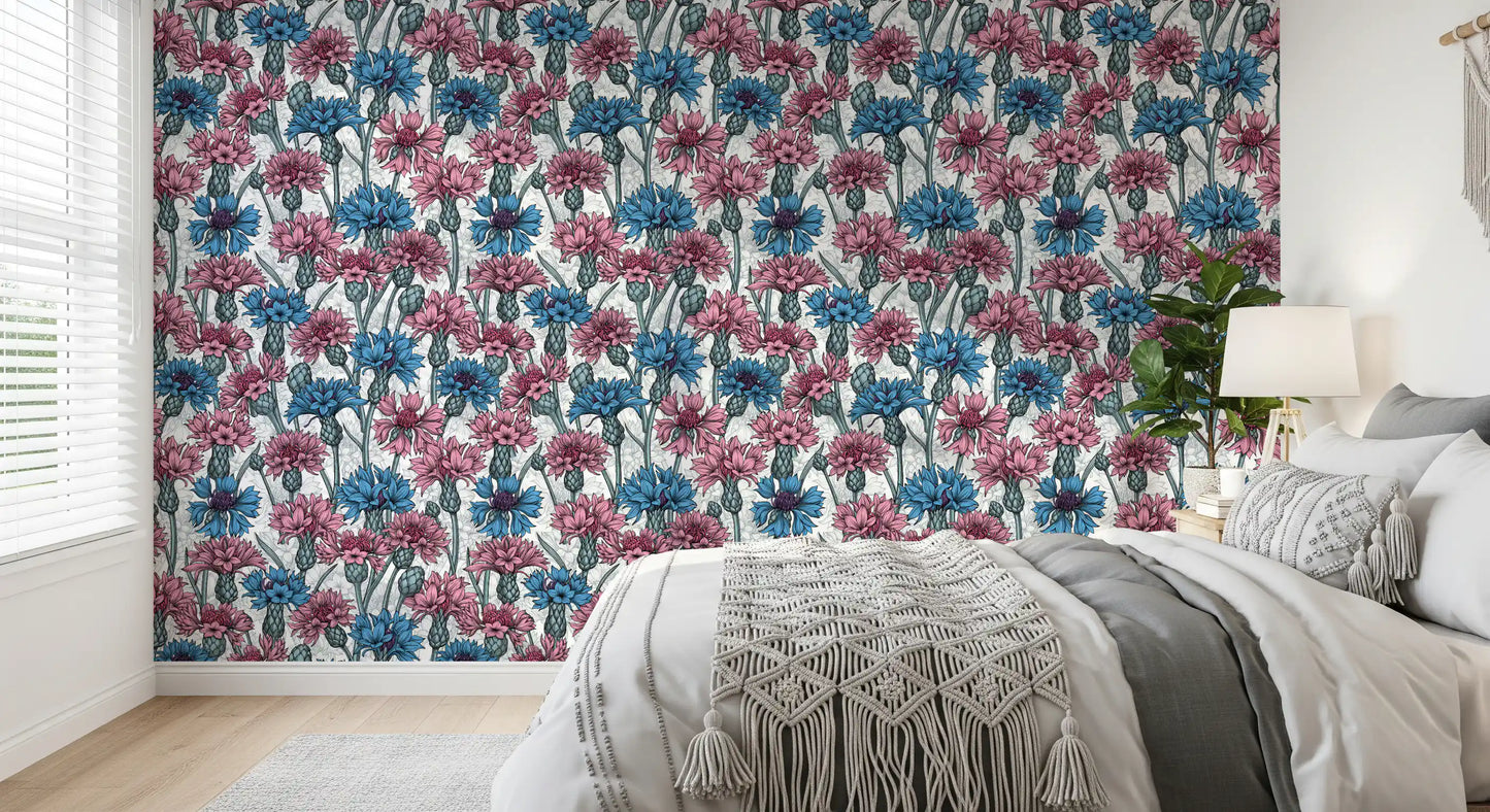A modern Bedroom aesthetic emerges from this vibrant blue wallpaper.
