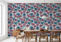Dense spring flora stretches across the expansive white wallpaper continuously.