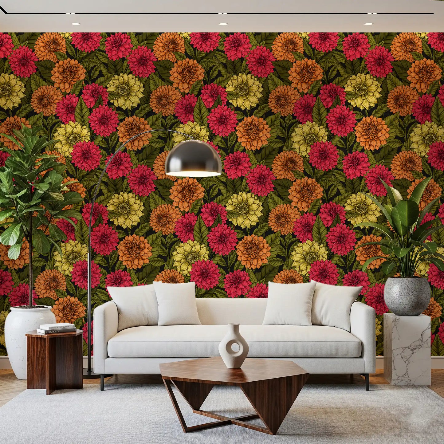 Yellow and pink petals overlap closely within the seamless Dahlia garden wallpaper.