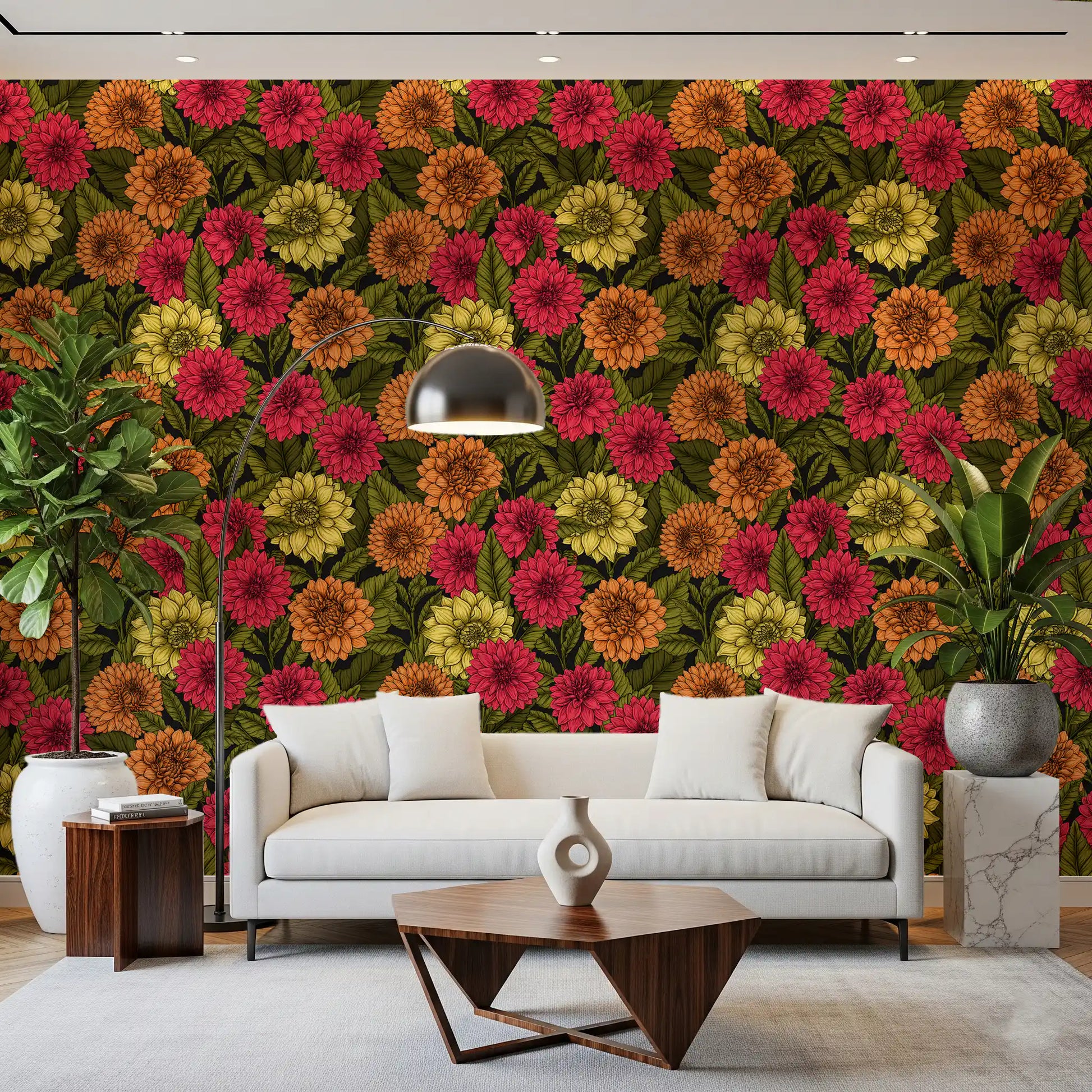 Yellow and pink petals overlap closely within the seamless Dahlia garden wallpaper.