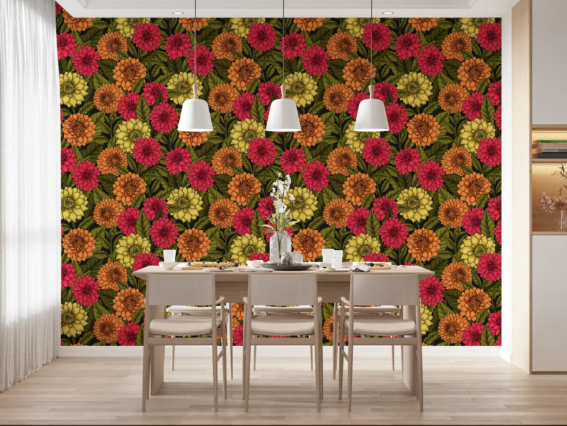 Bold red and yellow blossoms of the Dahlia garden wallpaper energize a quiet Dining room.