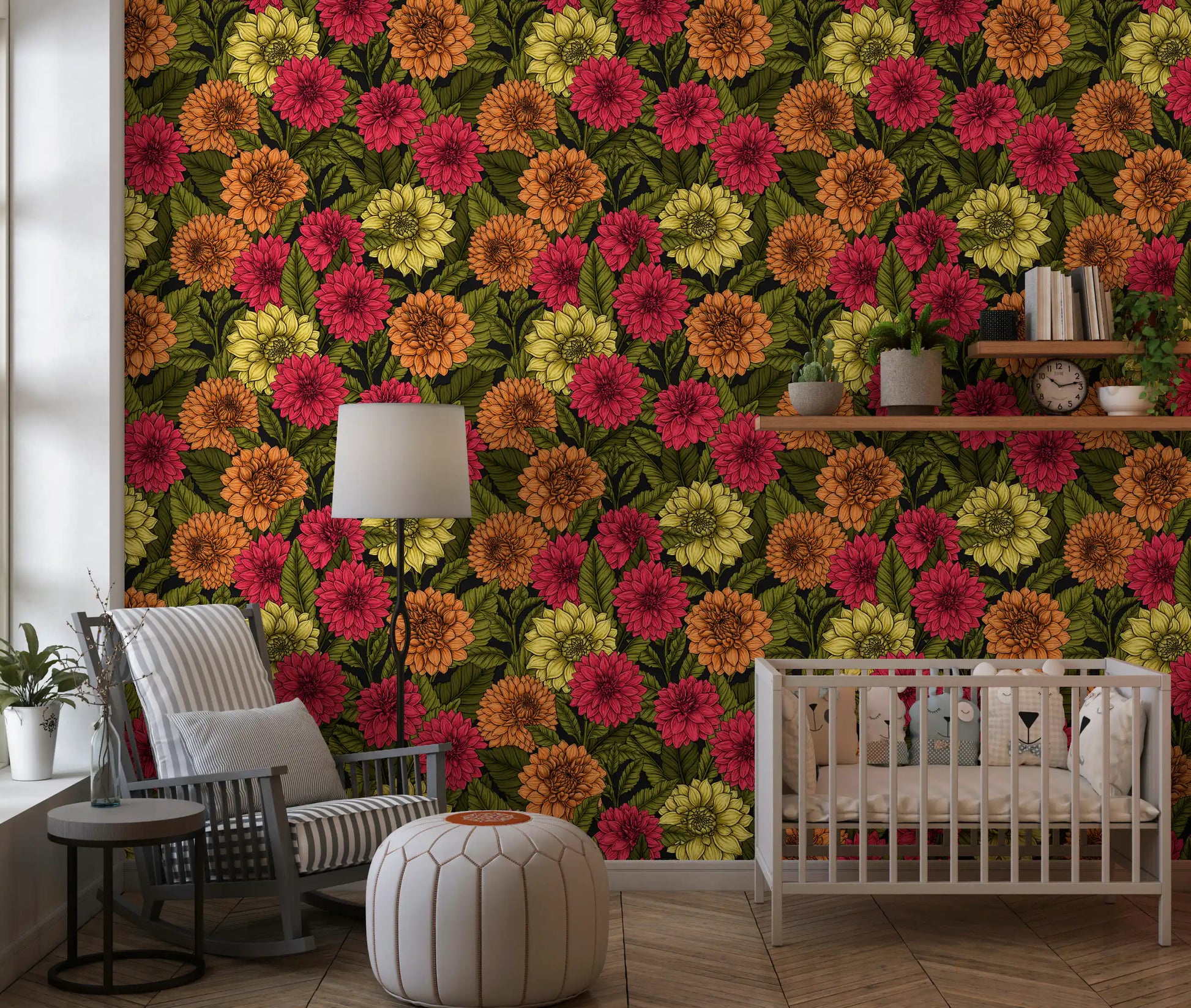 This cozy Nursery displays the rich botanical Dahlia wallpaper across the main surface.