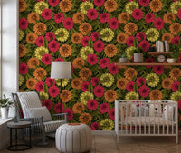 This cozy Nursery displays the rich botanical Dahlia wallpaper across the main surface.